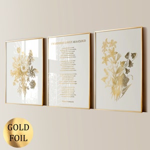 Set 3 I Wandered Lonely As A Cloud Poem by William Wordsworth Poem Art Daffodils Poem Verse Art Literature Art Botanical Art Gold Foil Print