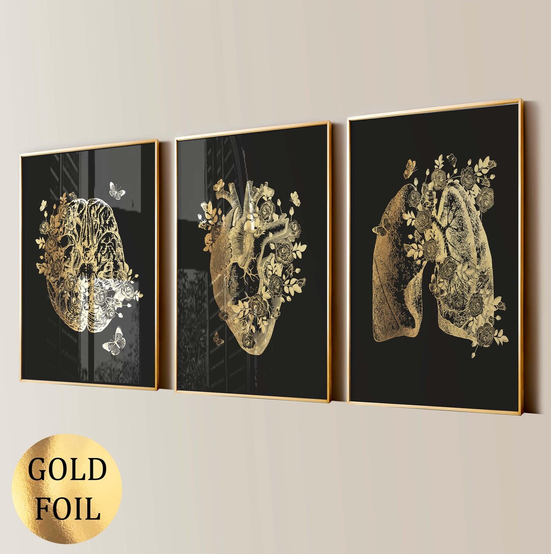 Set 3 Floral Anatomy Art Prints Anatomical Brain Heart Lungs Poster ...