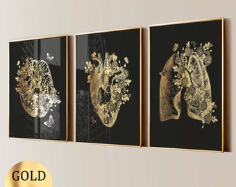 Set 3 Floral Anatomie Art Prints Anatomisches Gehirn Herz Lunge Poster Medizinisches Wanddekor Arzt Geschenk Klinik Dekoration Goldfolie Druck