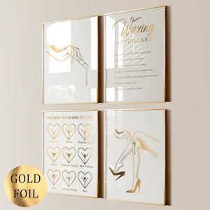 Set 4 Wax Salon Decor Beauty Art Waxing Poster Brazilian Waxing Hair Removal Treatment Med SPA Art Beauty Salon Decor Waxer Gift Gold Foil