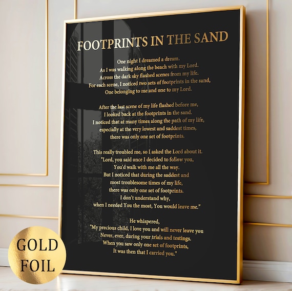 Footprints in the Sand Poem Art Christian Prayer Art Literature Poster Religious Wall Decor Motivational Saying Famous Quote Gold Foil Print