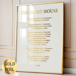 The Guest House Poem by Rumi, Gold Poem Art, Inspiring Poetry, Literature Poster, Inspirational Wall Art, Gold Foil Print, Home Wall Decor