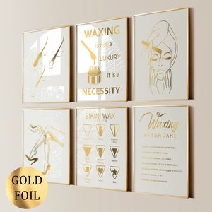 Set 6 Body Wax Poster Beauty Art Waxing Procedures Poster Wax Salon Decor Hair Removal Treatment Med SPA Poster Esthetician Gift Gold Foil