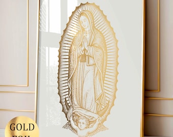 Plakat Matki Boskiej z Guadalupe, Plakat z Maryją Dziewicą, Sztuka religijna, Plakat katolicki, Modlitwa, Sztuka ścienna, Chrześcijański prezent, Sztuka ścienna, Dom, Wydruk z folii złotej