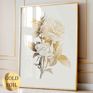 Arte della rosa dorata Fiori Arte Arte botanica Decorazione floreale da parete Fiori da giardino Poster Decorazione da parete per la casa Decorazione del soggiorno Stampa in lamina d'oro