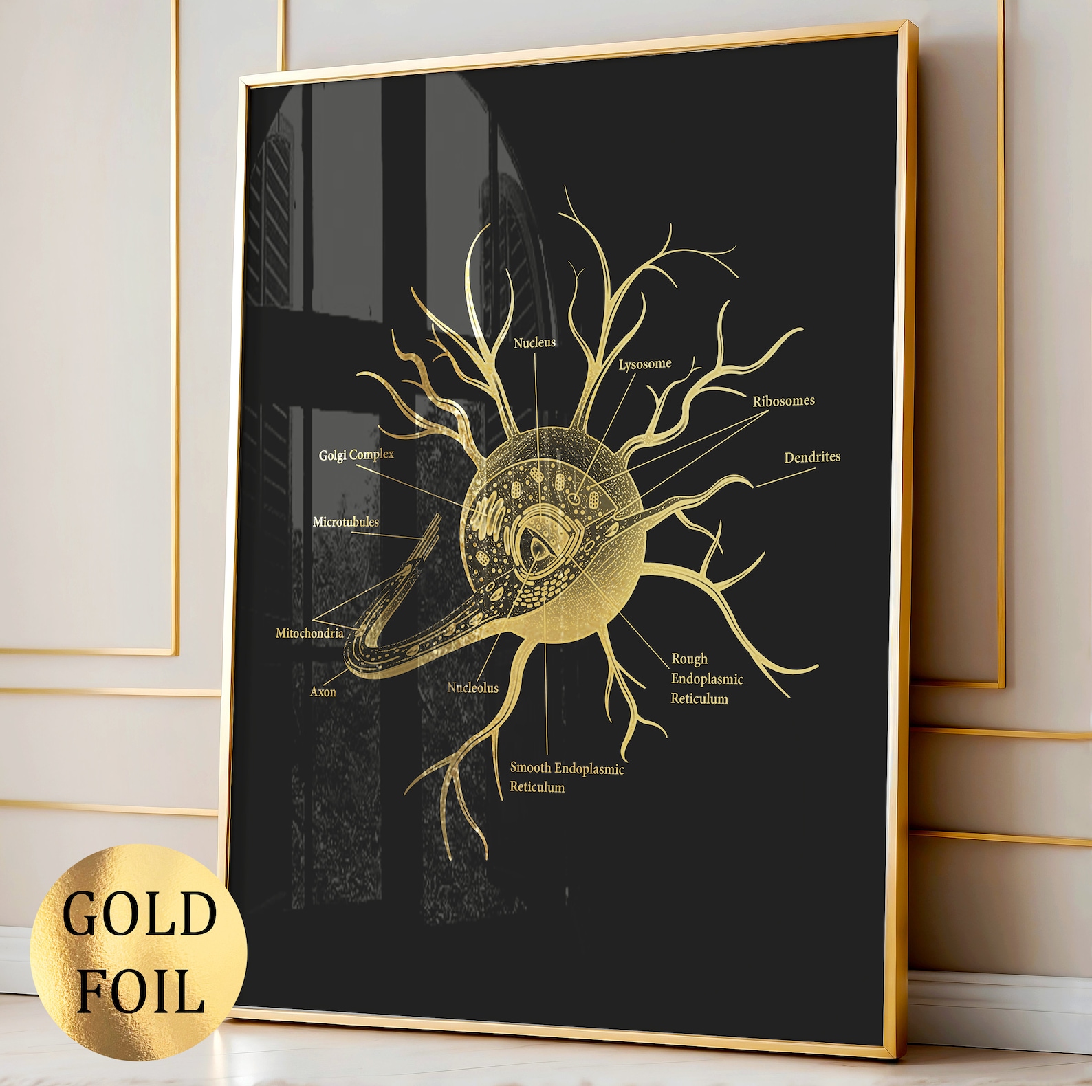 3 Gold Neuron Art Anatomy Art Nerve Cell Art Brain Anatomy Neurology ...