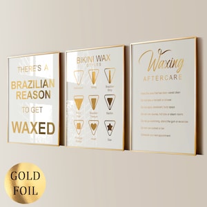 Póster de depilación de bikini con decoración de salón de 3 piezas, arte de belleza, tratamiento de depilación con cera brasileña, procedimientos de spa médico, regalo de depilación, impresión en lámina dorada