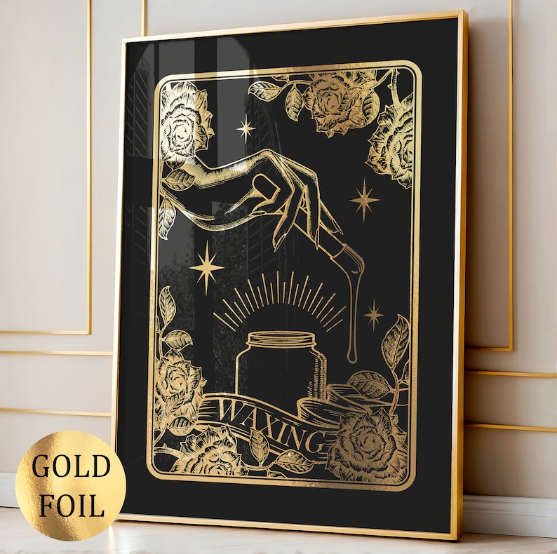 May include: Gold foil print on black background of a hand holding a dropper over a jar with the word "Waxing" on it. The image is surrounded by roses.