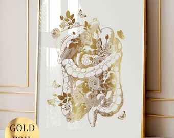 Digestive System Anatomy Art Real Gold Foil Medical Gift Gastroenterologist Office Gift Doctor Gift Nutritionist Gift Nutrition Specialist