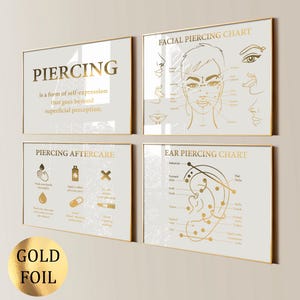 Set 4 Piercing Prints, Ear Piercing Chart, Facial Piercing, Piercing Aftercare, Piercer Gift, Piercing Salon Decor, Gold Foil Print