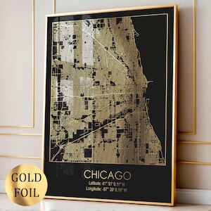 Carte de Chicago en or, carte de la ville, décoration murale, plan de rue, affiche, art mural pour la maison, cadeau de pendaison de crémaillère, décoration de salon, art mural moderne, impression de feuille d'or