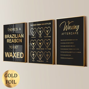 3 Wax Room Decor, Waxing Poster, Beauty Salon Art, Intimate Waxing, Hair Removal, Wax Treatment, SPA Procedures, Gold Foil Print