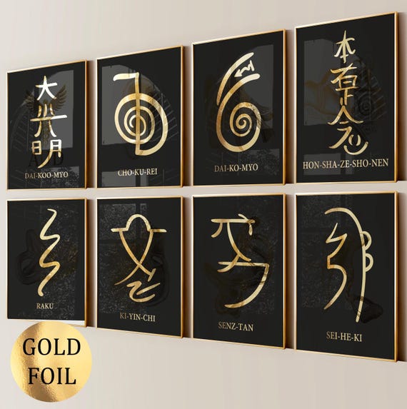 8 Reiki Symbols Art Japanese Medicine Stress Reduction Reiki Treatment Spiritual Healing Meditation Room Reiki Class Decor Gold Foil Print