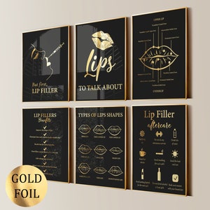 May include: Six black and gold framed prints with information about lip fillers. The prints include text such as "But first, Lip Filler", "Lips to talk about", "Lip Fillers Benefits", "Types of Lips Shapes", "Lip Filler Aftercare", and "Upper Lip".