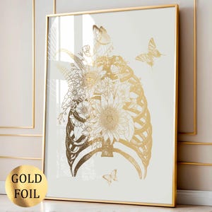Rib Cage Art Skeletal Anatomy Art Floral Anatomy Medical Art Orthopedic Gift Skeleton Bones Print Modern Wall Decor Doctor Gift Gold Foil