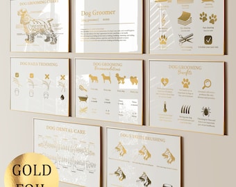 Op de afbeelding: Een set afdrukbare posters met gouden folie accenten, die informatie geven over het verzorgen van honden. De posters omvatten onderwerpen zoals hondentoiletteringsactiviteiten, hondentoiletteringsaanbevelingen, voordelen van hondentoilettering, hondennageltrimmen, hondentandverzorging en het poetsen van de tanden van honden.