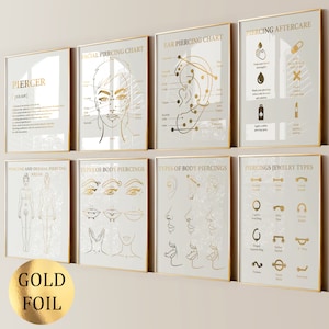 Set 8 Piercing Prints Tattoo Piercing Studio Decor Piercer Gift Beauty Treatment Body Piercings Types Chart Gold Foil Print