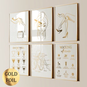 Set 6 Waxing Poster Beauty Art Hair Removal Depilation Art Brazilian Wax Bikini Wax Poster Wax Room Decor Beauty Salon Decor Gold Foil Art