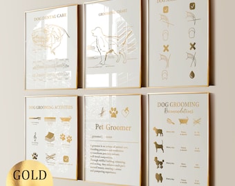 Dog Grooming Posters Groomer Gift Grooming Salon Decor Pet Dental Care  Art Dog Nails Trimming Chart Pet Activities Poster Gold Foil Print