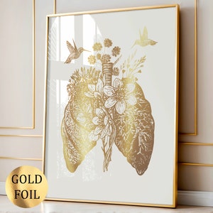 Arte anatomica dei polmoni, arte medica, arte del sistema respiratorio, regalo per medico, regalo per chirurgo, regalo per infermiere, regalo per parete clinica, arte in lamina d'oro, fatto a mano