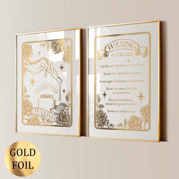 Póster de depilación con cera, decoración de salón de belleza, tratamiento de depilación, estilo tarot, regalo de esteticista, regalo de cosmetóloga, especialista en cera, lámina dorada.