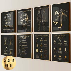 Set 8 Posters laserbehandeling behandelingen Huidverzorgingskunst Ontharingsgebieden Diagram Laserkliniek Wanddecoratie Salondecoratie Goudfolieprint