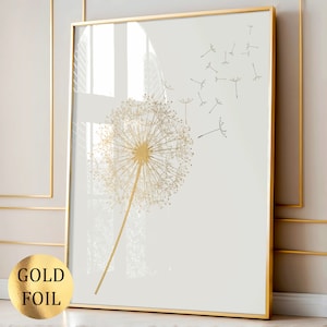 Arte de diente de león dorado, arte floral, arte botánico, decoración de pared floral, póster de flores de jardín, decoración de pared para el hogar, decoración de sala de estar, impresión en lámina dorada