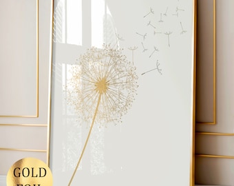 Arte de diente de león dorado, arte botánico, decoración floral para pared, póster de flores de jardín, decoración para el hogar, decoración para sala de estar, impresión en lámina dorada