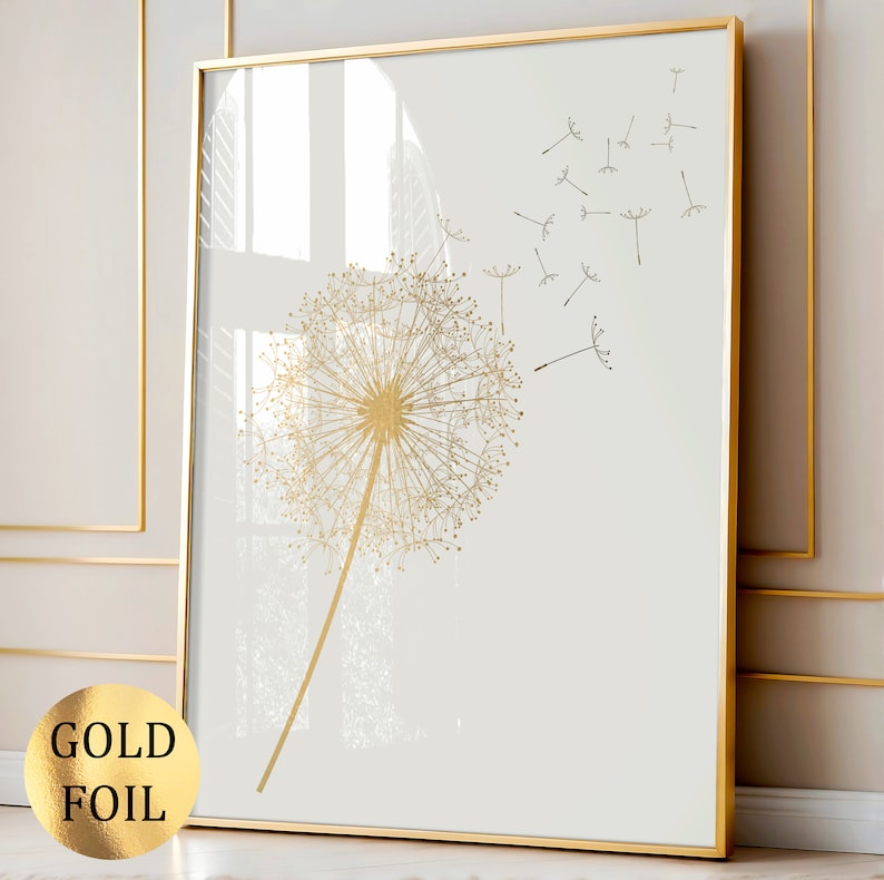 Gold Dandelion Art Flowers Art Botanical Art Floral Wall Decor Garden Flowers Poster Home Wall Decor Living Room Decor Gold Foil Print image 1