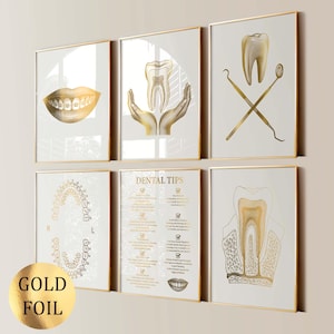 6 Poster di odontoiatria artistica, poster di cure odontoiatriche, poster di anatomia dei denti, poster di apparecchi ortodontici, poster di arte medica, regalo per studio dentistico, decorazioni per clinica odontoiatrica, stampa in lamina d'oro