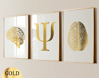 3 Gold Brain Anatomy Art Psychology Art Medical Art Psi Symbol Art Psychiatrist Gift Psychologist Gift Psychotherapist Gift Gold Foil Print