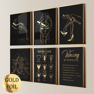 6 Waxing Poster Beauty Treatment Art Wax Zones Diagram Wax Salon Decor Hair Removal Epilation Med SPA Poster Esthetician Gift Gold Foil Art