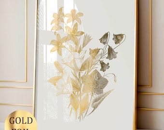 Gold Bouquet Art, Flowers Art, Wild Flowers Poster, Botanical Art, Flowers Wall Decor, Home Wall Decor, Living Room Decor, Gold Foil Print
