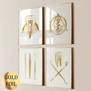 Set di 4 stampe artistiche dentali dorate, regalo per dentisti, anatomia dei denti, arte medica, poster di odontoiatria, stampa in lamina d'oro, decorazione per clinica dentale, arte di chirurgo dentista