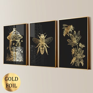 3 Bienen Kunst Bienenstock Kunst Honig Kunst Imker Geschenk Honig Landwirtschaft Kunst Honigbienen Kunst Imkerei Poster Bauernhof Haus Dekor Goldfolie Druck