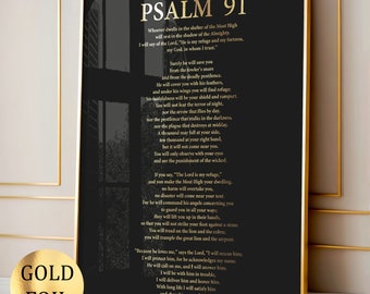 Póster de oración cristiana con el Salmo 91, arte bíblico para pared, decoración cristiana para pared, regalo religioso, versículo bíblico, regalo cristiano, impresión en papel dorado