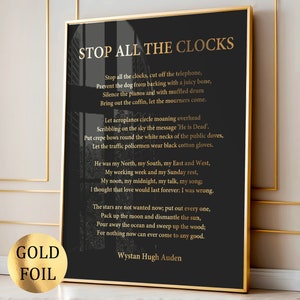 Ferma tutti gli orologi di W. H. Auden, poesia, arte, blues funebre, versi tristi, poesia, arte, letteratura, poster, poesia famosa, stampa in lamina d'oro, decorazione murale moderna