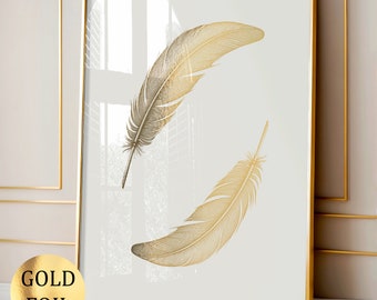 Gold Feather Art, Abstract Poster, Minimalist Art, Nordic Art, Modern Wall Art, Living Room Decor, Gold Foil Print