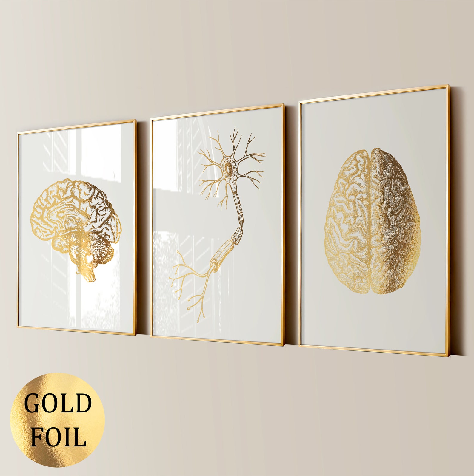 3 Gold Brain Anatomy Art, Neuron Art, Neurology Art, Medical Art ...