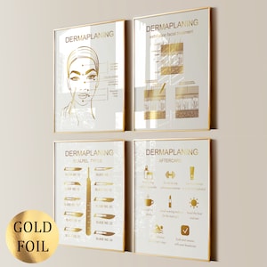 4 Dermaplaning Art Facial Treatment Skin Care Art Skin Diagram Beauty Salon Decor Med SPA Dermatologist Gift Cosmetologist Gift Gold Foil