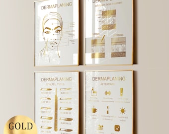 4 Dermaplaning Art Gesichtsbehandlung Hautpflege Kunst Haut Diagramm Beauty Salon Decor Med SPA Dermatologen Geschenk Kosmetikerin Geschenk Goldfolie