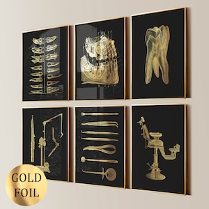 Set di 6 poster di anatomia dentale, diagramma di numerazione dei denti, strumenti per dentisti, sedia per dentisti, decorazioni per clinica odontoiatrica, regalo per dentisti, stampa in lamina d'oro