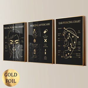 Set 3 Ear Piercing Chart Facial Piercing Poster Piercing Aftercare Body Piercer Gift Piercing Salon Decor Gold Foil Print