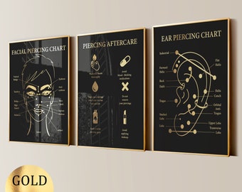 Set 3 Ear Piercing Chart Facial Piercing Poster Piercing Aftercare Body Piercer Gift Piercing Salon Decor Gold Foil Print