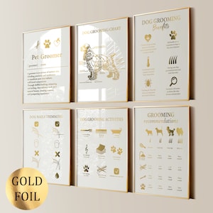6 Hundepflege Kunstdrucke Goldfolie Groomer Salon Dekor Haustier Gesundheit Hunde Nägel Trimmkarte Haustier Aktivitäten Poster Vet-Klinik-Dekor-Tierliebhaber