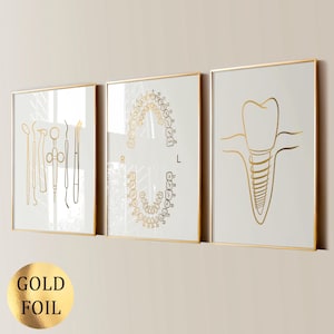 Set 3 Poster di numerazione dei denti con arte dentale in oro Strumenti per dentisti Arte implantare Arte odontoiatrica Regalo per dentisti Decorazione per clinica odontoiatrica Stampa in lamina d'oro