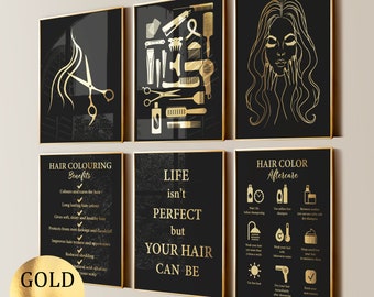 6 Hair Salon Wall Decor Hairdresser Gift Hair Cut Poster Hair Colouring Hair Stylist Gift Beauty Salon Decor Fashion Art Gold Foil Print