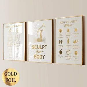 3 stampe per la scultura del corpo, poster spa, trattamento di modellamento del corpo, liposuzione, poster per la perdita di peso, decorazioni per saloni spa, clinica estetica, lamina d'oro
