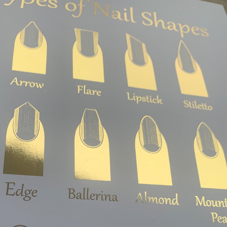 May include: A chart showing different nail shapes, including arrow, flare, lipstick, stiletto, edge, ballerina, almond, and mountain peak. The chart is printed on a light gray background with gold foil accents.