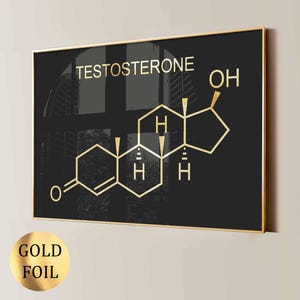 Puede incluir: Impresión enmarcada en negro con la palabra "TESTOSTERONE" en letras doradas y un diagrama de estructura molecular dorado. La impresión tiene un marco dorado y una pegatina "GOLD FOIL" en la esquina inferior izquierda.